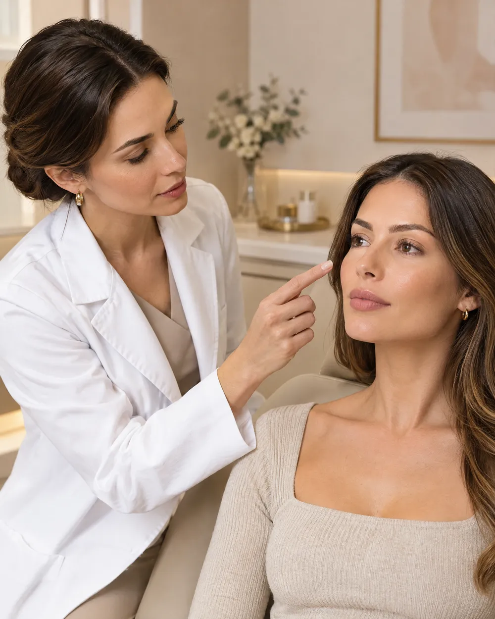 Profissional analisa com atenção o rosto de uma mulher durante a consulta