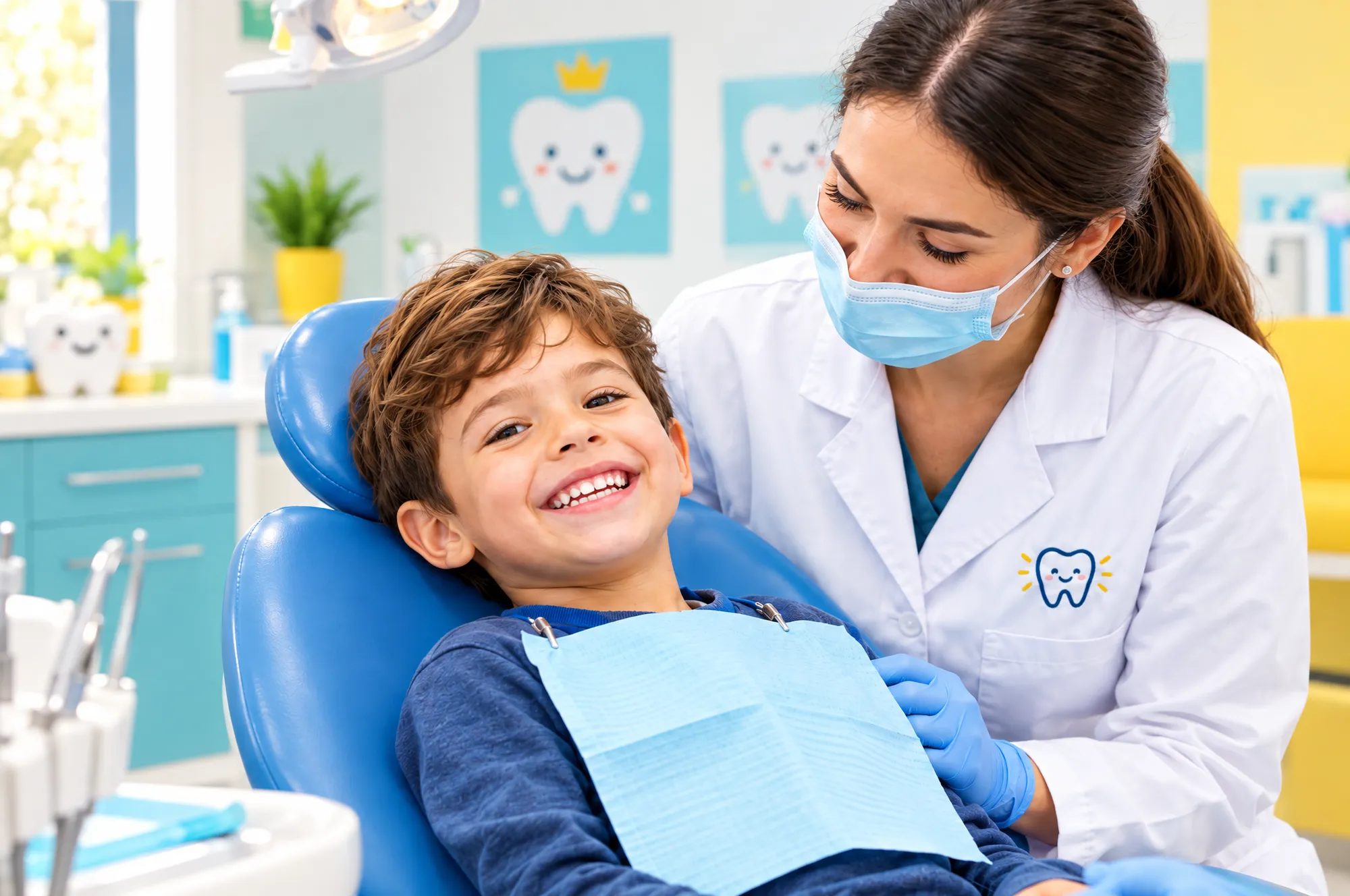 Menino sorridente sentado na cadeira odontológica azul enquanto uma dentista o atende com carinho