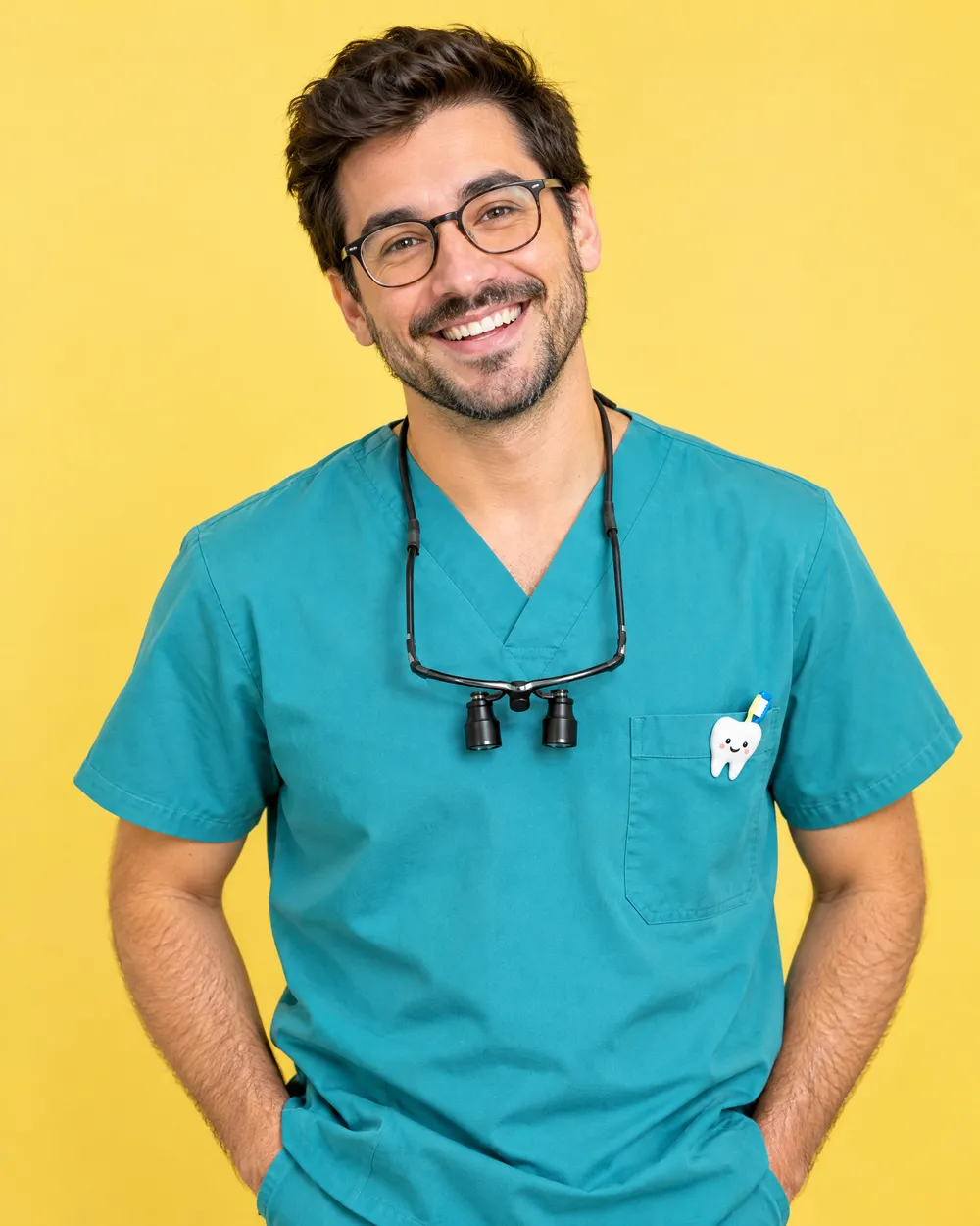 Retrato do Dr. Pedro Alves, odontopediatra, sorrindo sobre fundo amarelo