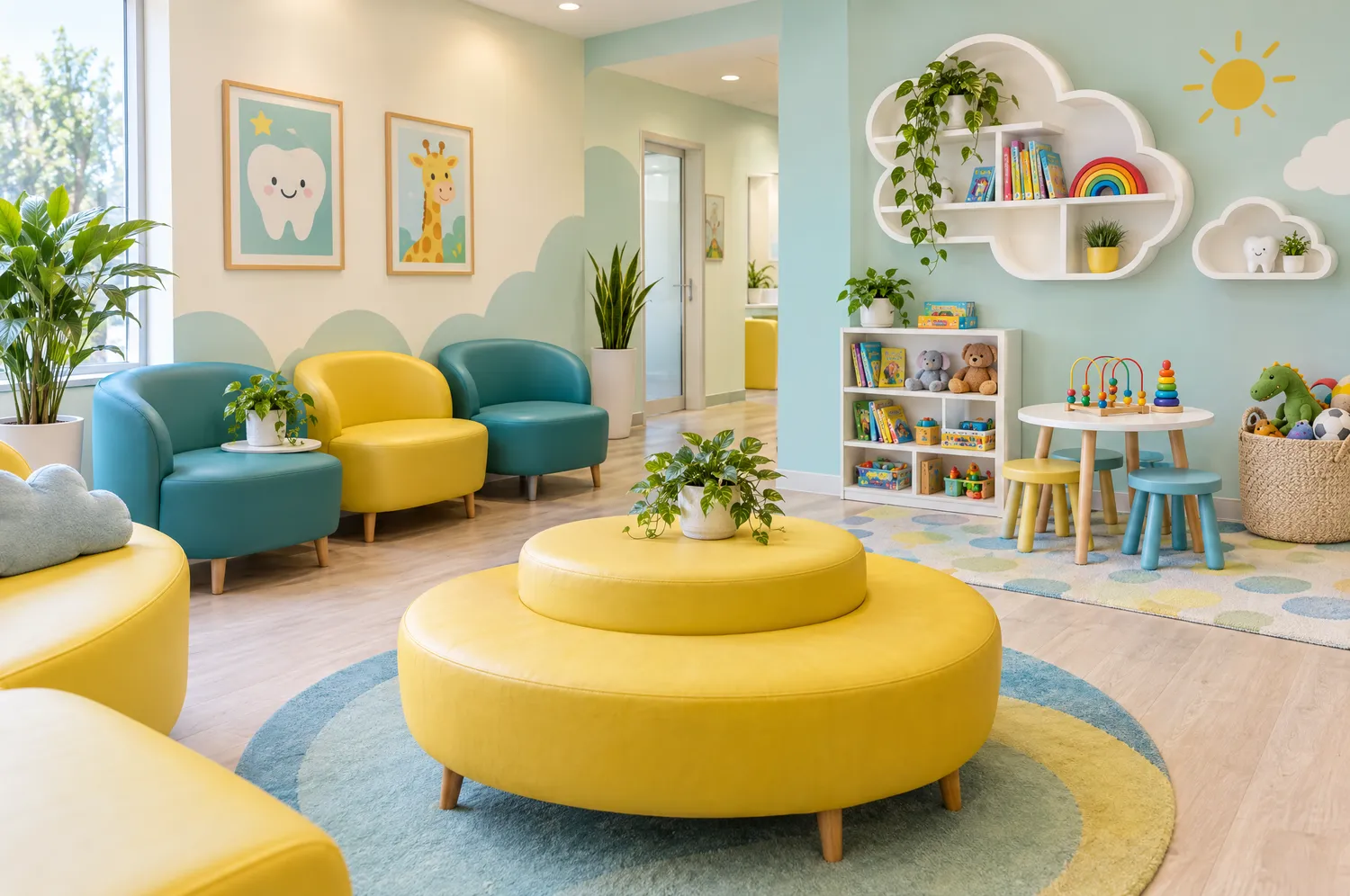 Sala de espera colorida e alegre, com móveis e decoração pensados para crianças