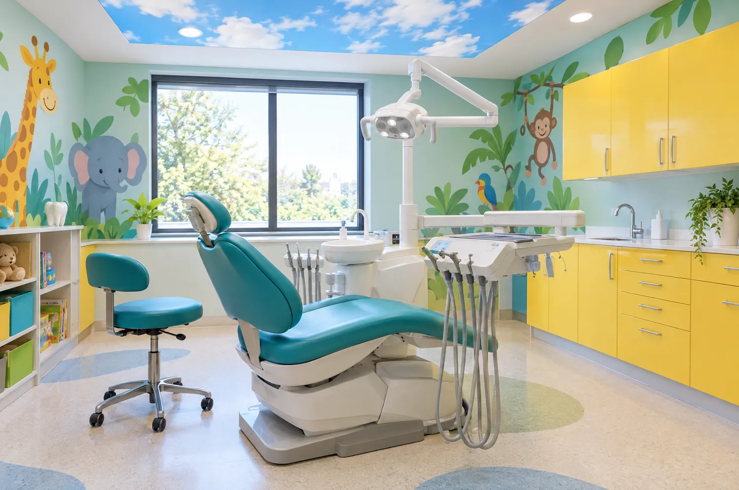 Consultório infantil colorido com cadeira odontológica e decoração divertida