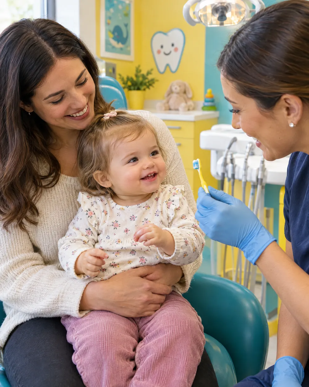 Bebê sentado no colo da mãe durante a primeira consulta com a dentista