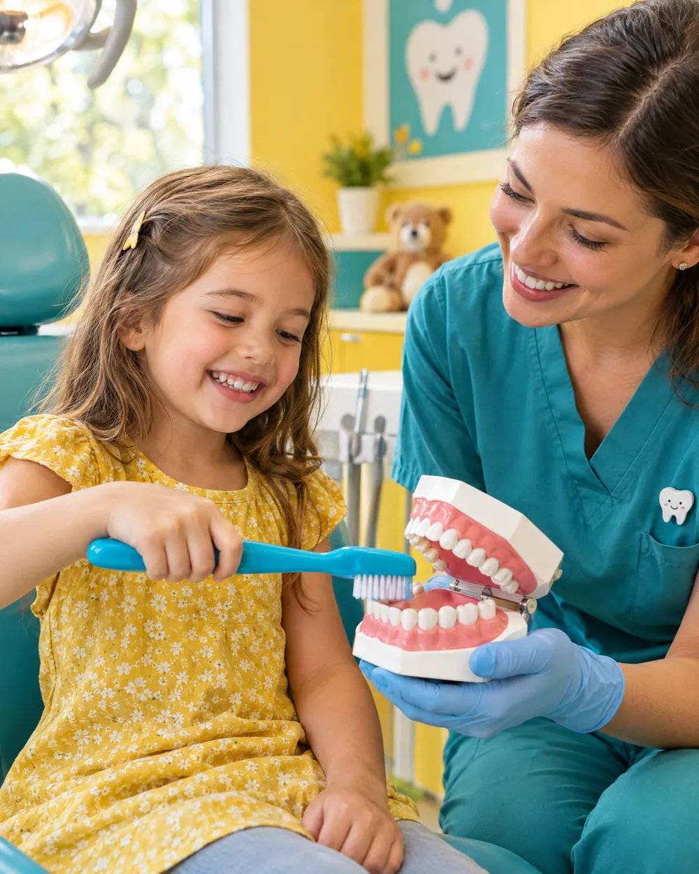 Menina aprende a escovar os dentes com a ajuda atenciosa da dentista