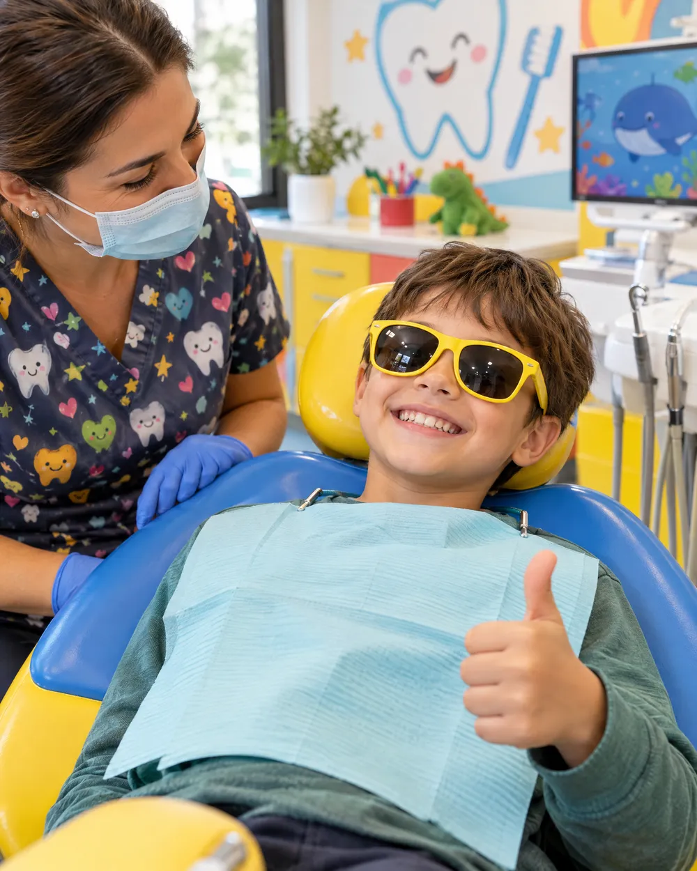 Criança sorridente deitada na cadeira odontológica usando óculos de sol divertidos