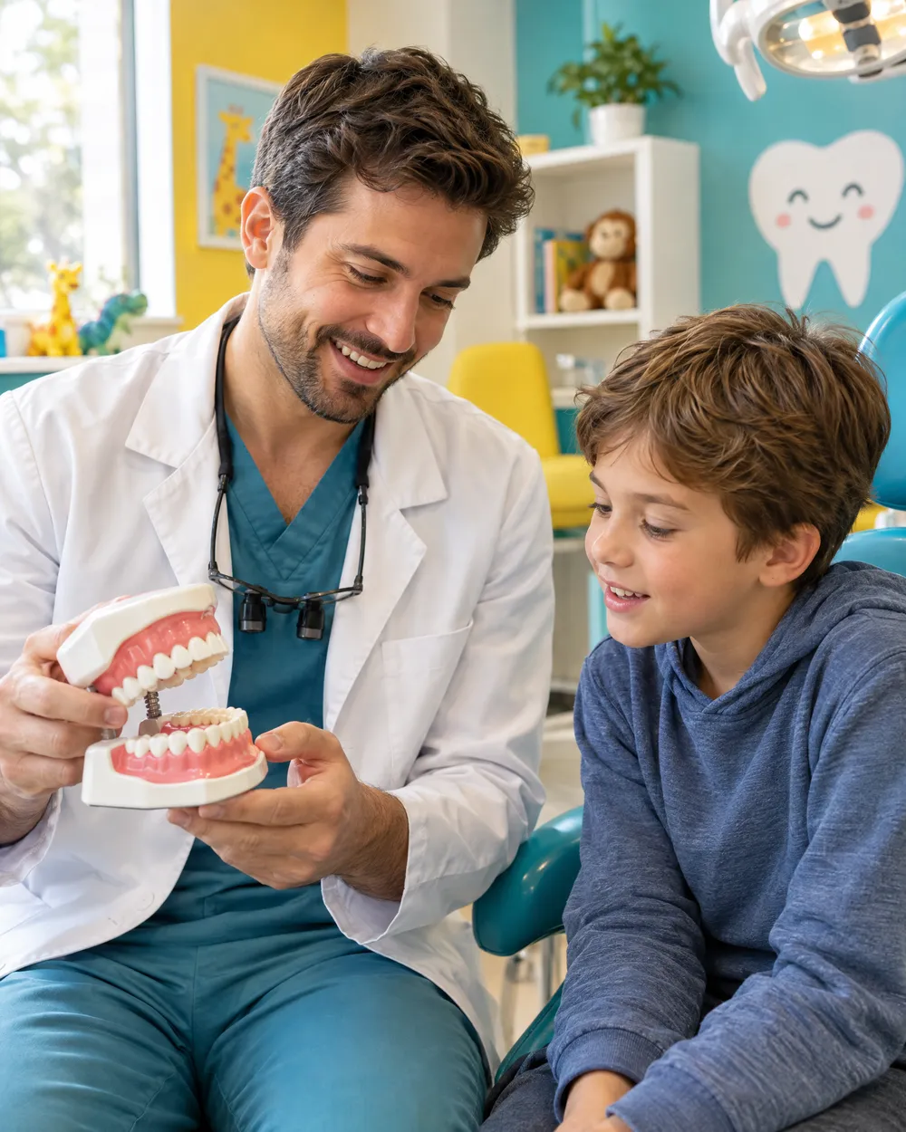 Dentista mostra um modelo de dentes para uma criança curiosa