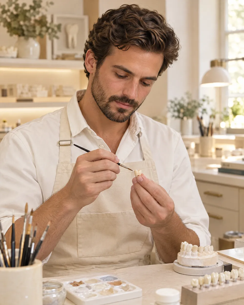 Retrato de Lucas Prado, técnico em prótese dentária, em seu ambiente de trabalho
