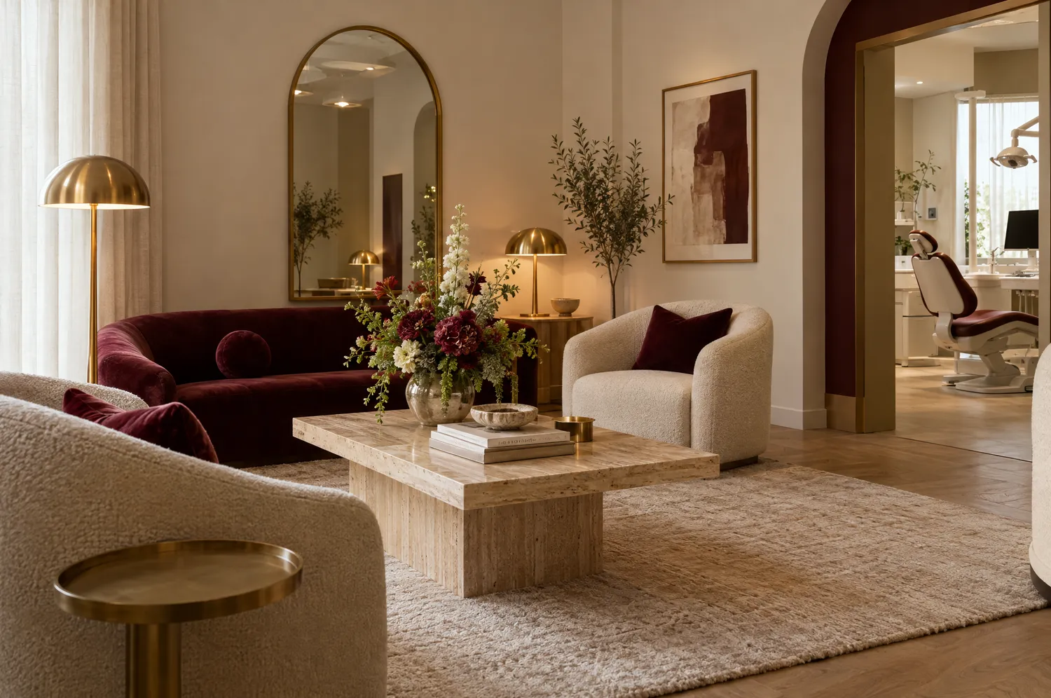 Sala de espera em tons creme com poltronas estofadas, luz suave e decoração discreta