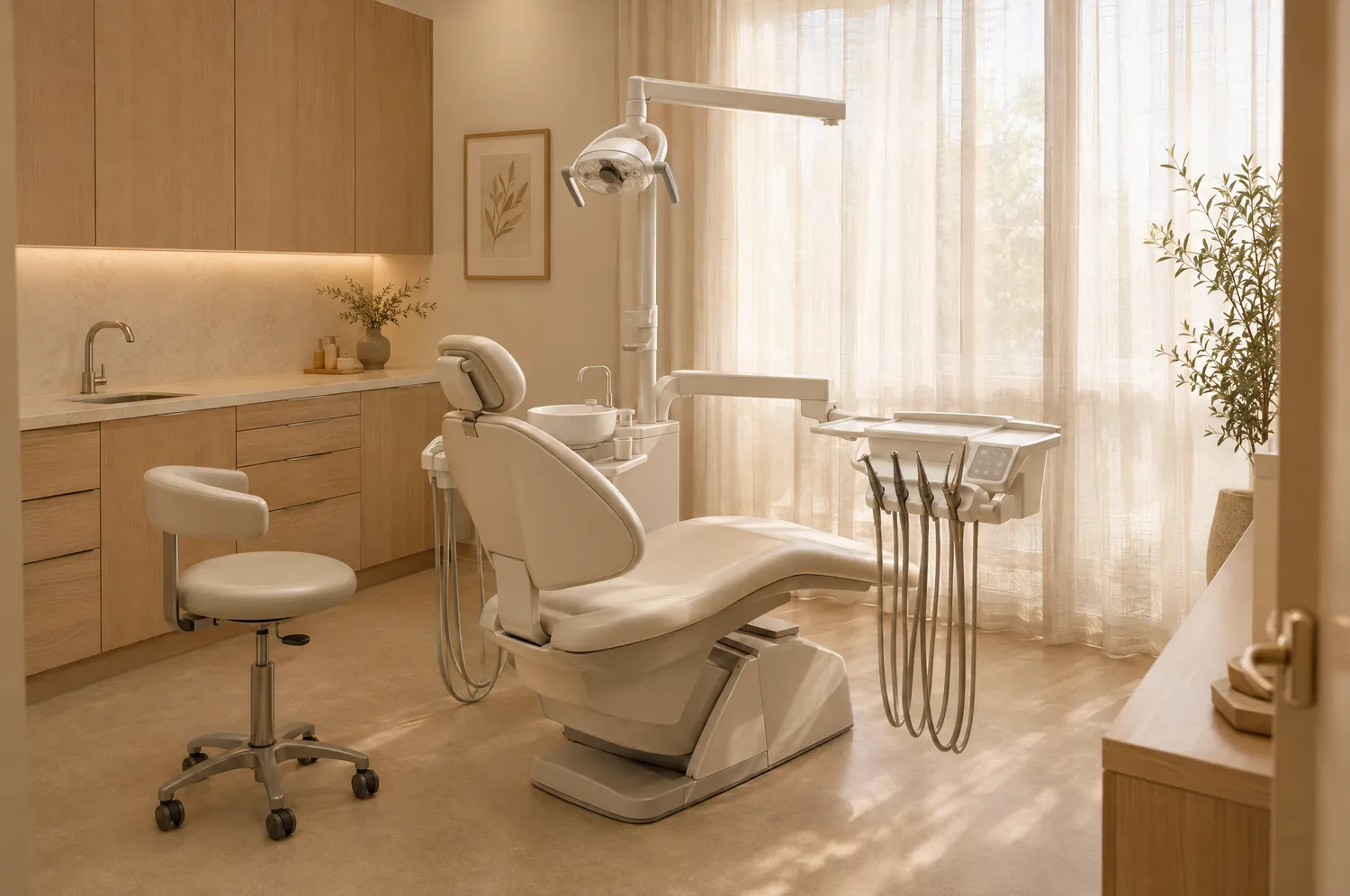 Sala de atendimento minimalista em tons quentes, com cadeira odontológica clara e iluminação suave