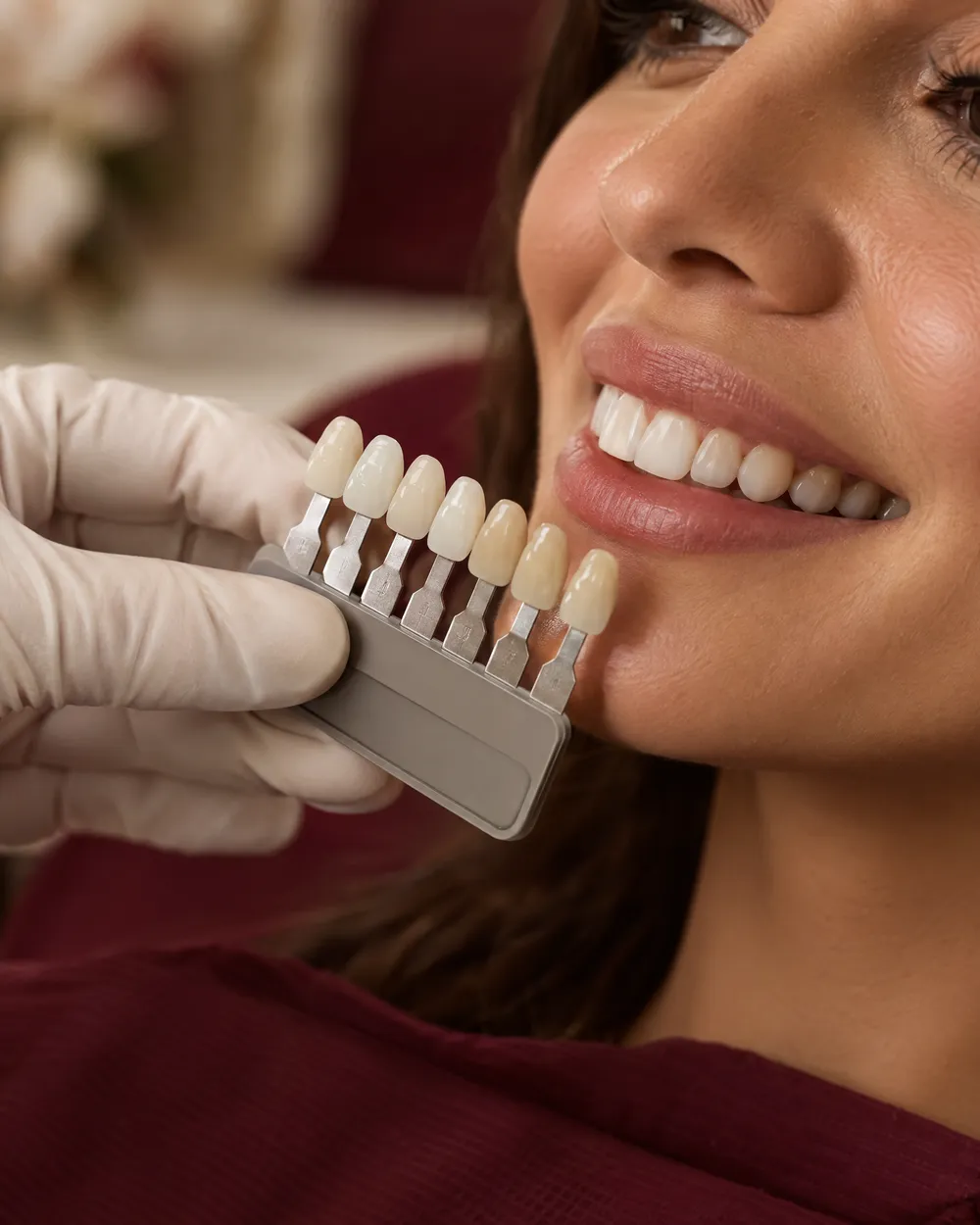 Escala de cores de facetas de porcelana posicionada ao lado de um sorriso para comparação de tonalidade