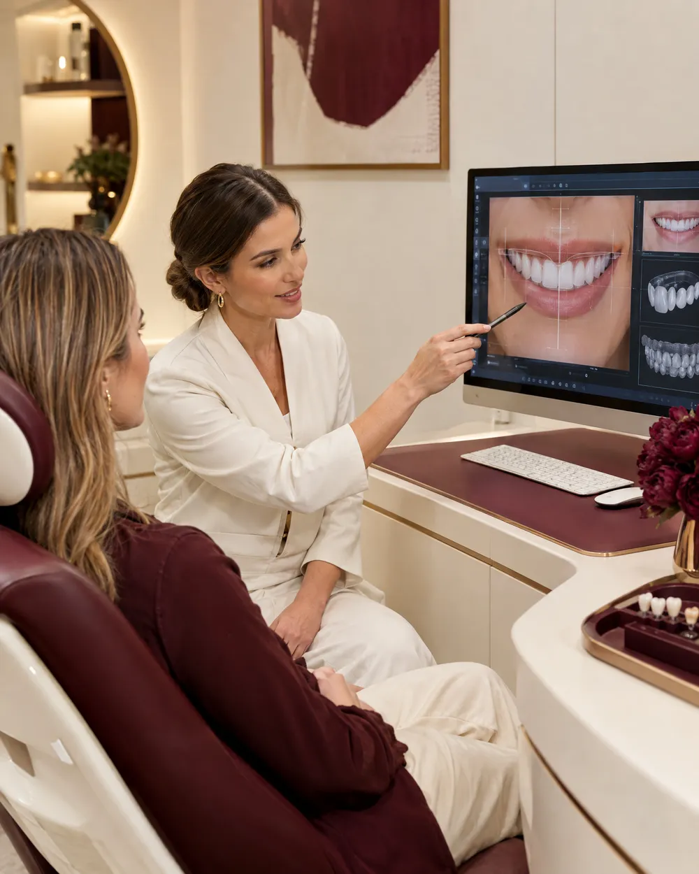 Dentista analisa o planejamento digital de um sorriso exibido na tela do computador
