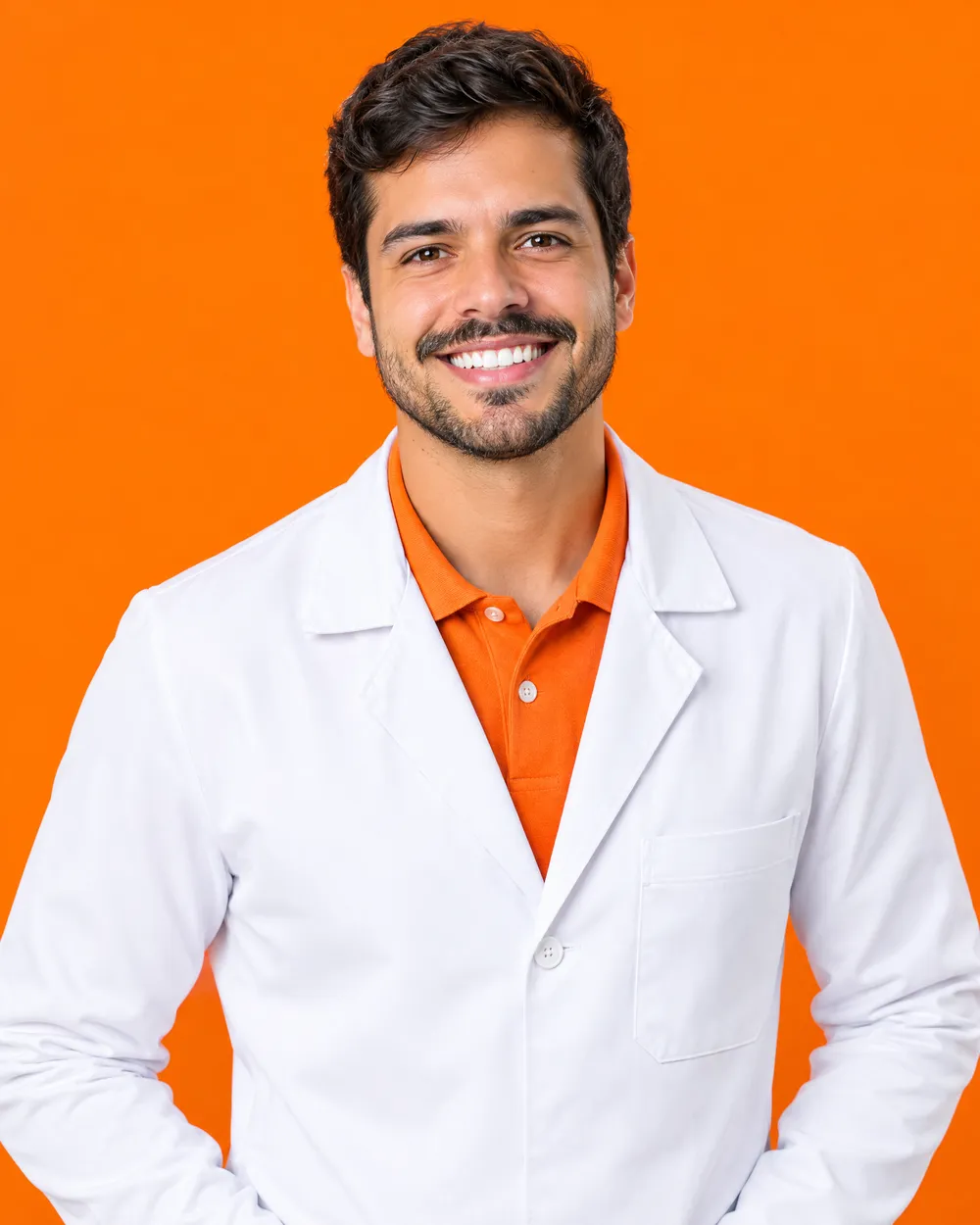 Retrato do Dr. Lucas Ferraz, ortodontista jovem sorrindo sobre fundo laranja
