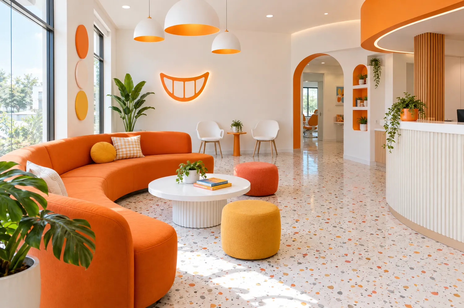 Recepção jovem e iluminada com um sofá curvo laranja