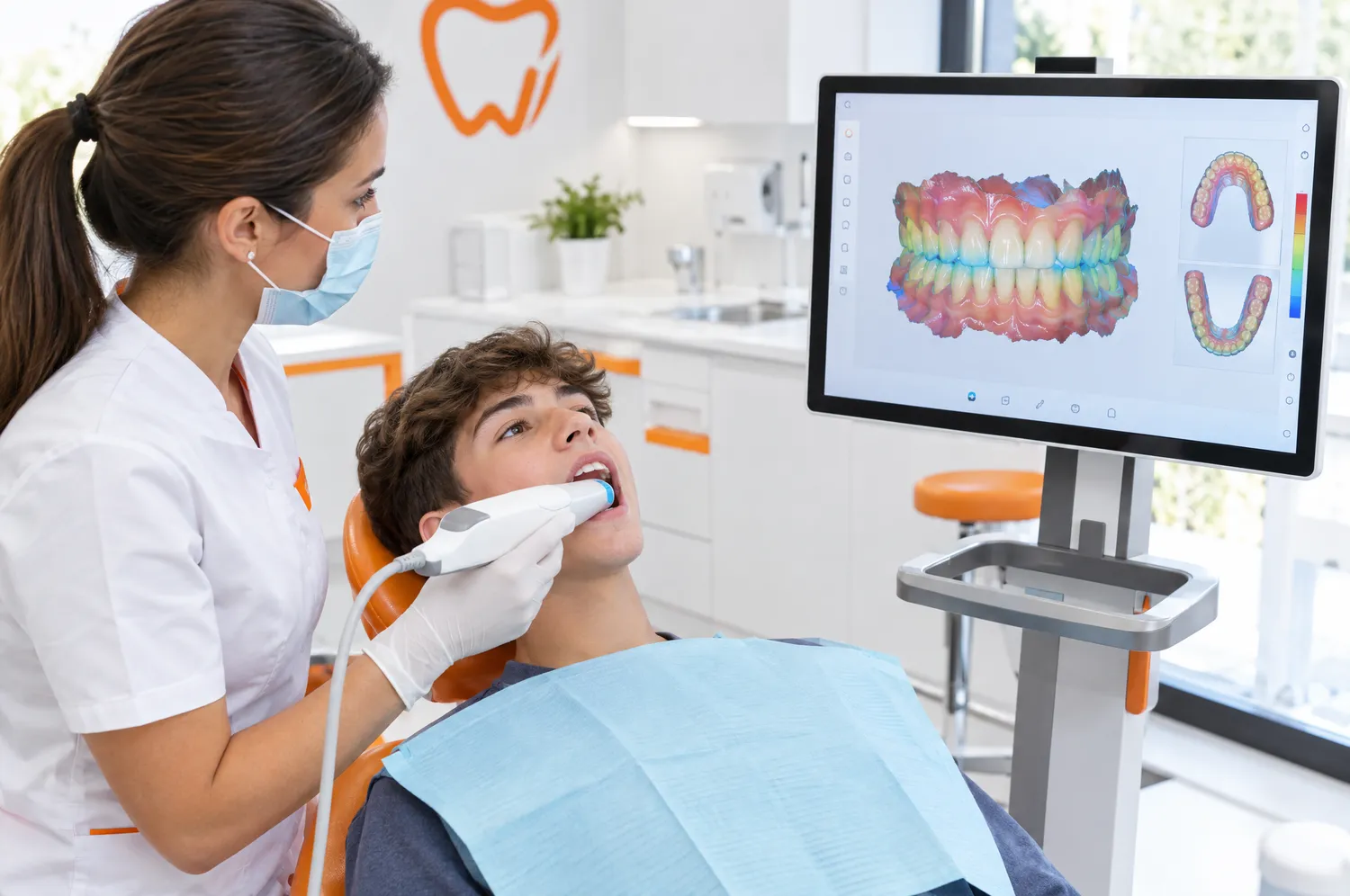 Ortodontista faz o escaneamento intraoral de um adolescente enquanto o modelo 3D da arcada aparece em um monitor ao lado