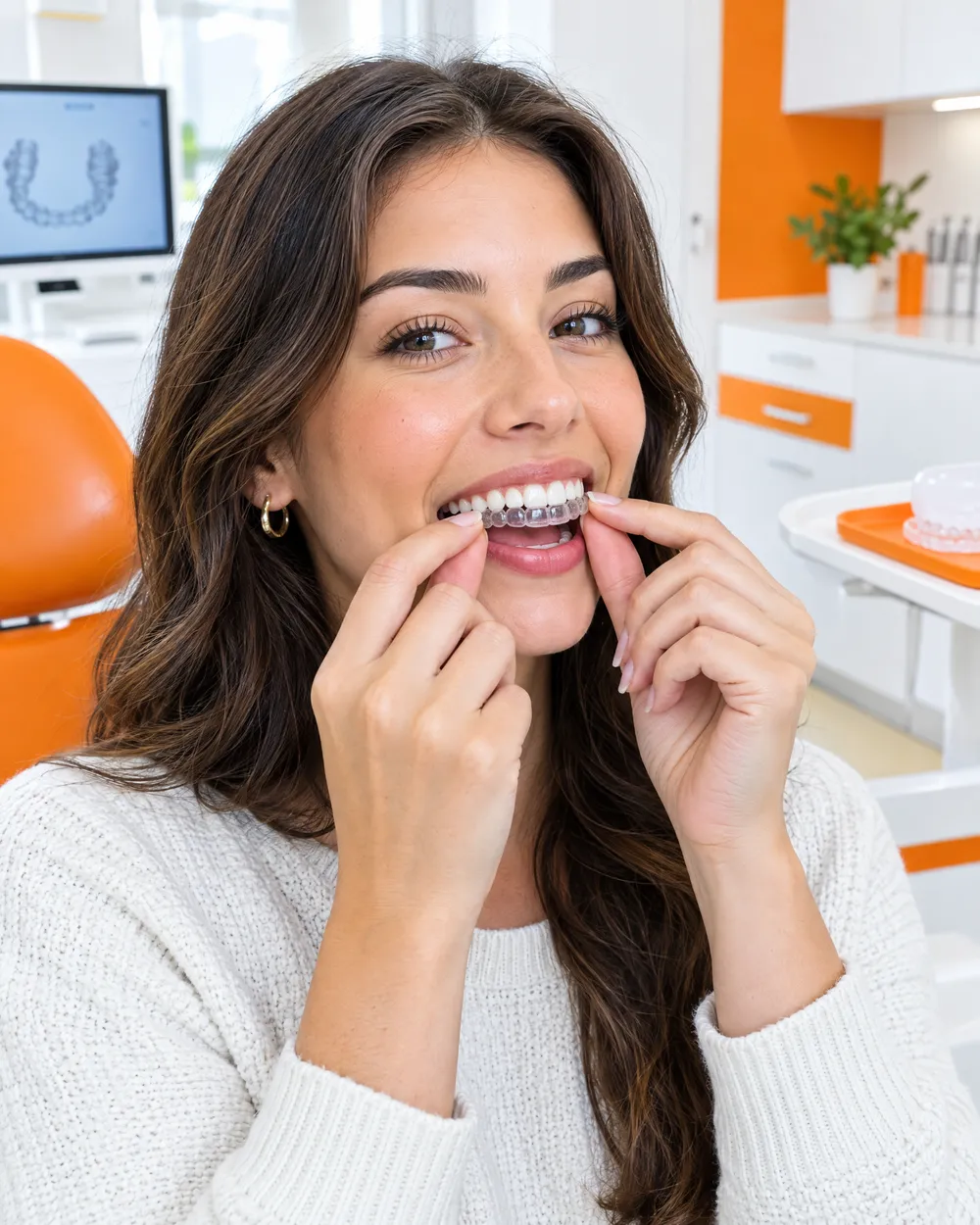 Jovem mulher colocando um alinhador transparente nos dentes