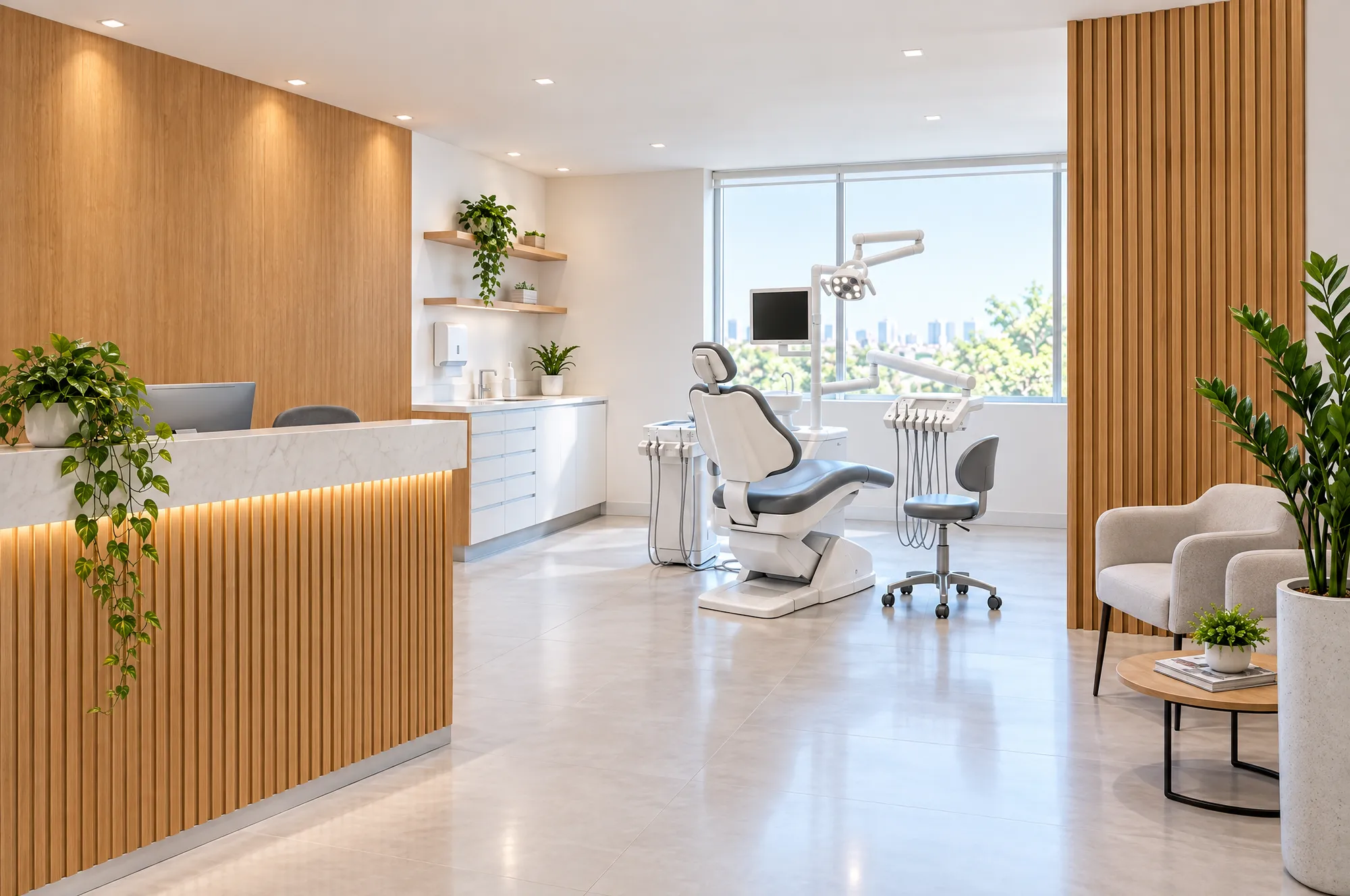 Recepção e sala de atendimento da Oralis, com parede de ripas de madeira, bancada iluminada, plantas e cadeira odontológica moderna diante de uma janela ampla