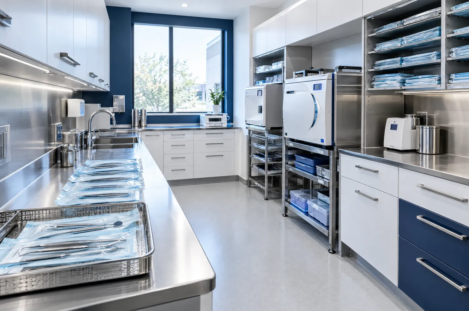 Sala de esterilização limpa e organizada, com autoclave e bancadas de equipamentos
