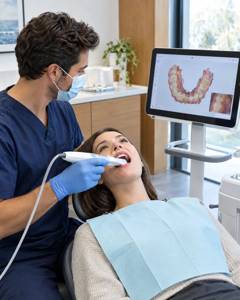 Dentista de uniforme azul-marinho usa um escâner intraoral 3D enquanto o modelo digital dos dentes aparece no monitor