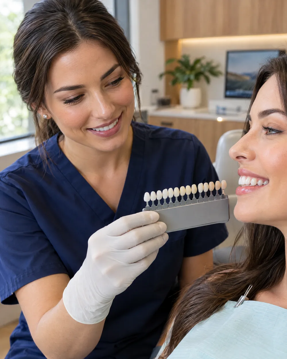 Dentista compara uma escala de cores de facetas com os dentes de uma paciente sorridente