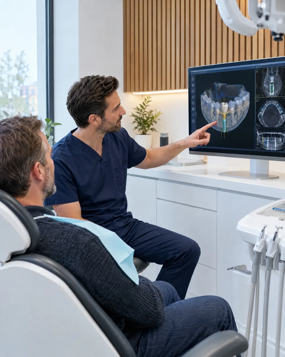 Dentista mostra a um paciente o planejamento 3D de um implante dentário no monitor