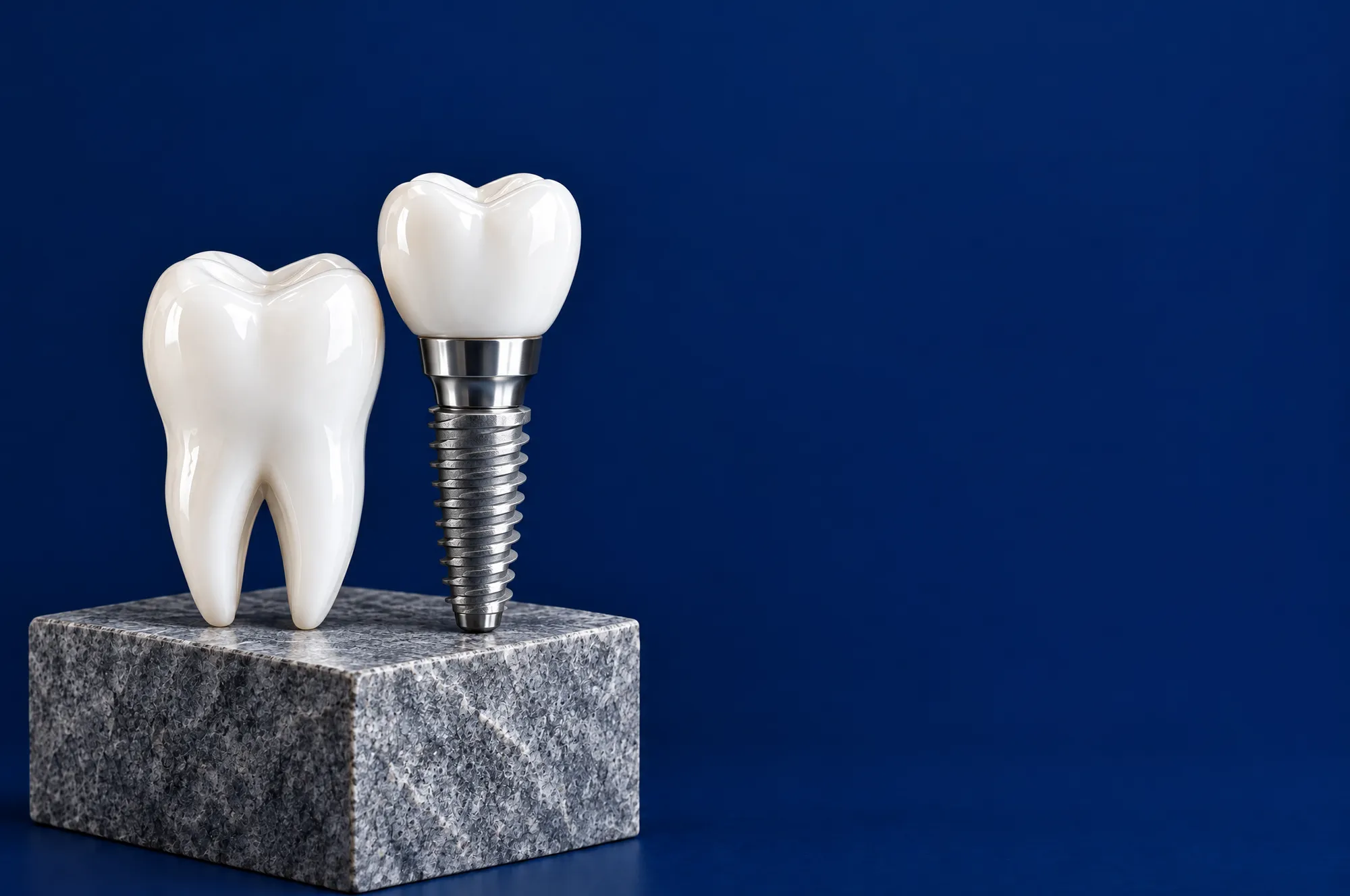 Dente natural ao lado de um implante de titânio com coroa de cerâmica, apoiados sobre um bloco de pedra em fundo azul marinho