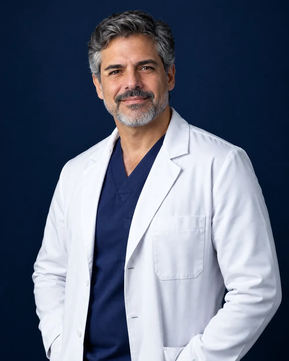 Retrato do Dr. Henrique Vitta, implantodontista, de jaleco em fundo azul marinho
