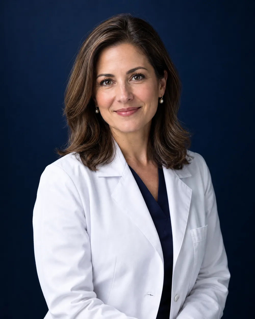 Retrato da Dra. Renata Lopes, protesista, sorrindo de jaleco