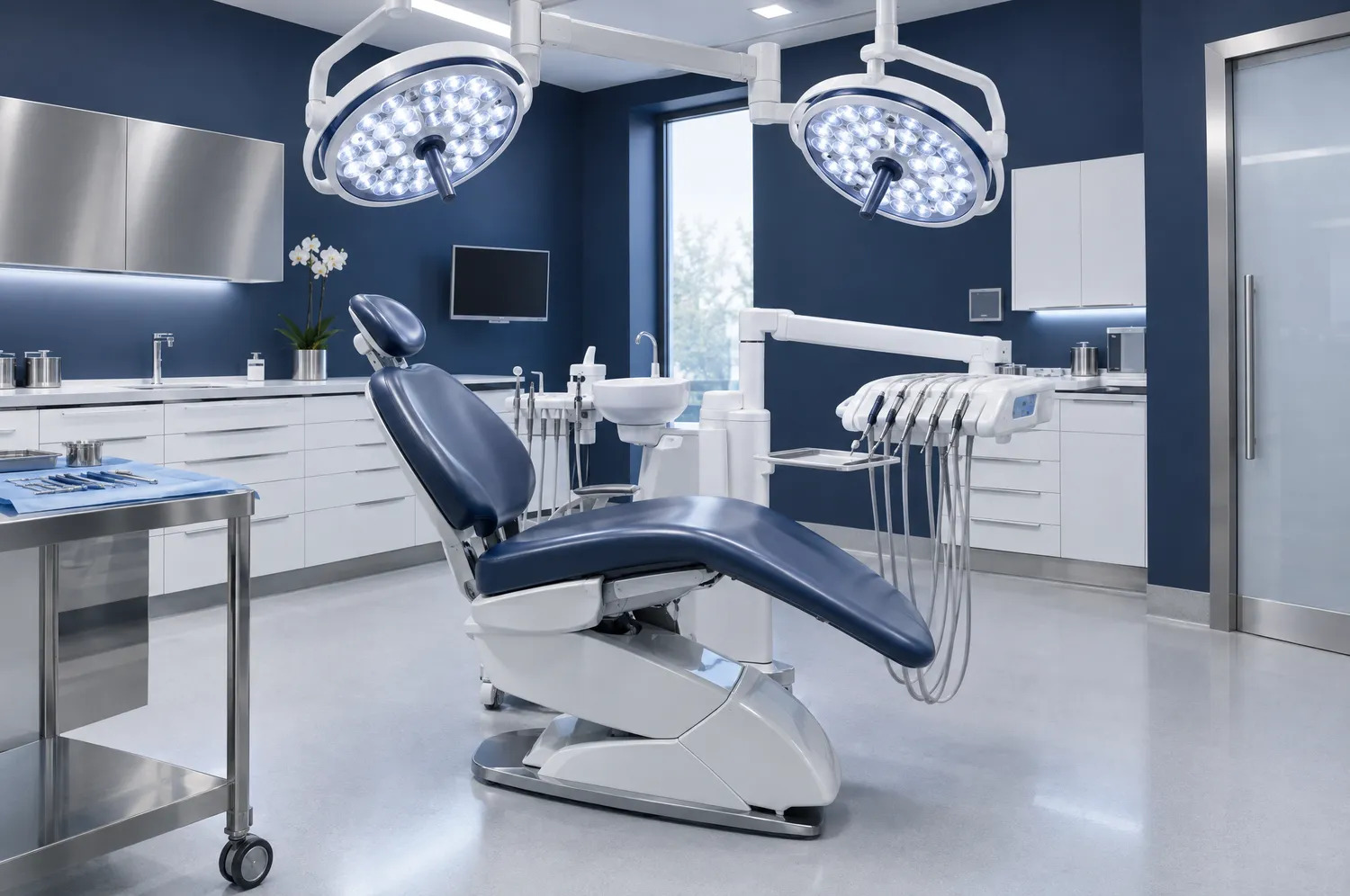 Sala cirúrgica com cadeira odontológica e iluminação técnica