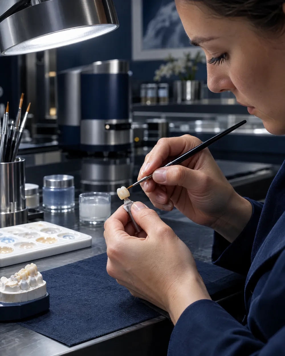 Técnico em prótese dentária esculpe uma coroa de cerâmica na bancada do laboratório