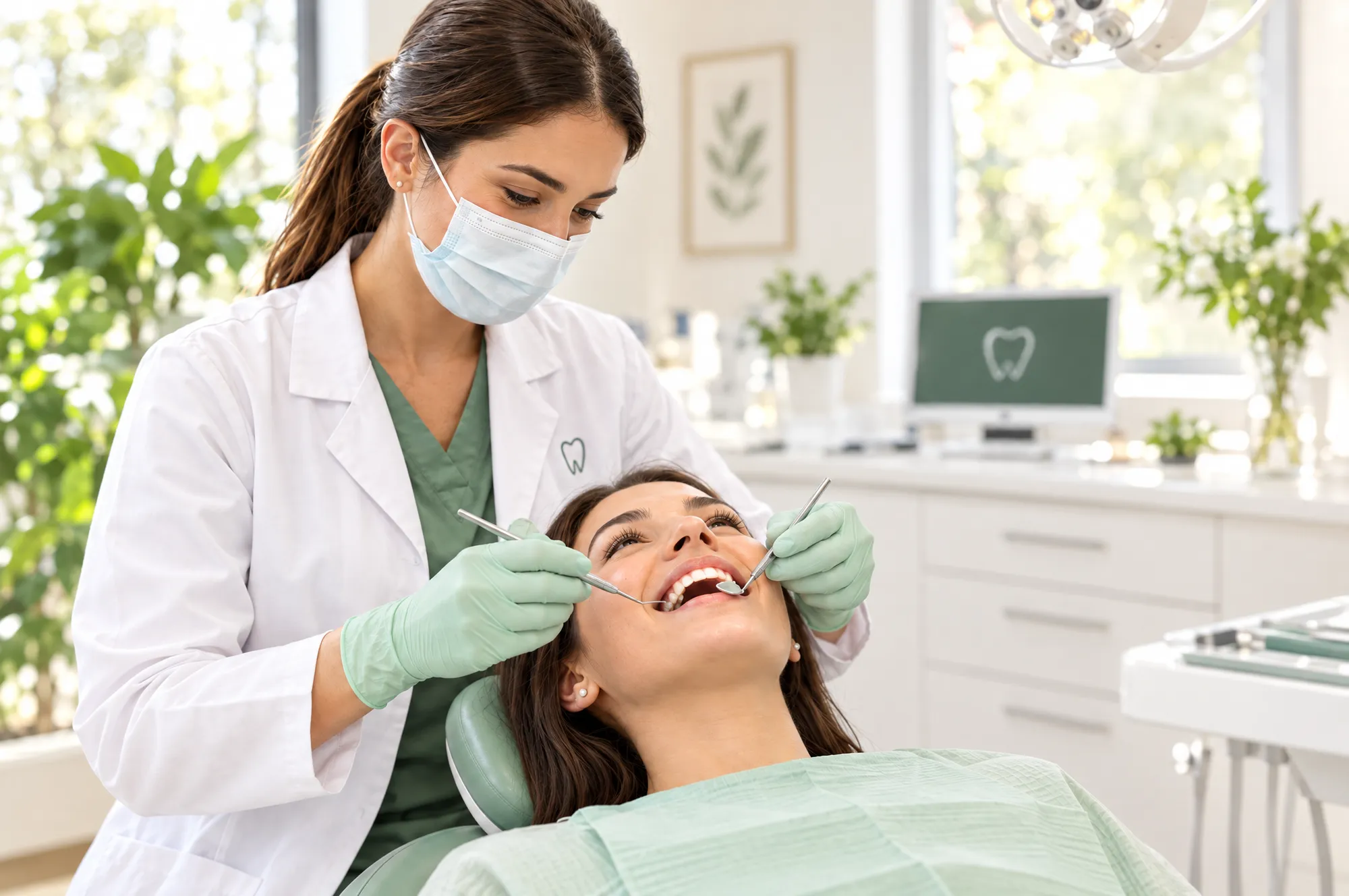 Dentista sorridente atende uma paciente tranquila em consultório claro com plantas