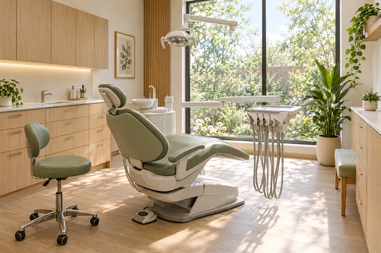 Sala de atendimento com cadeira odontológica verde e janela para o jardim