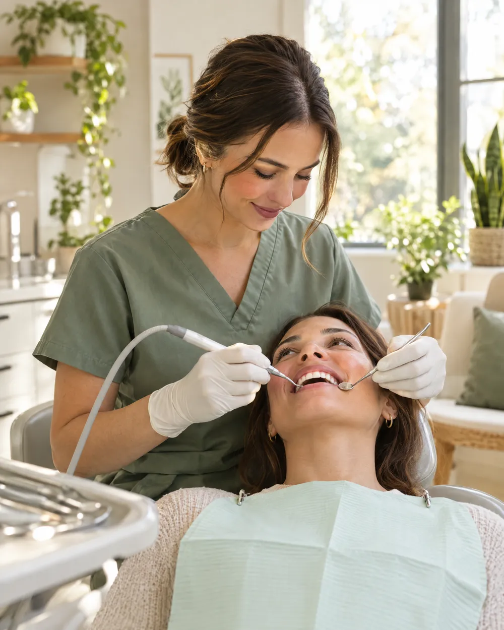 Profissional faz limpeza dental em paciente sorridente