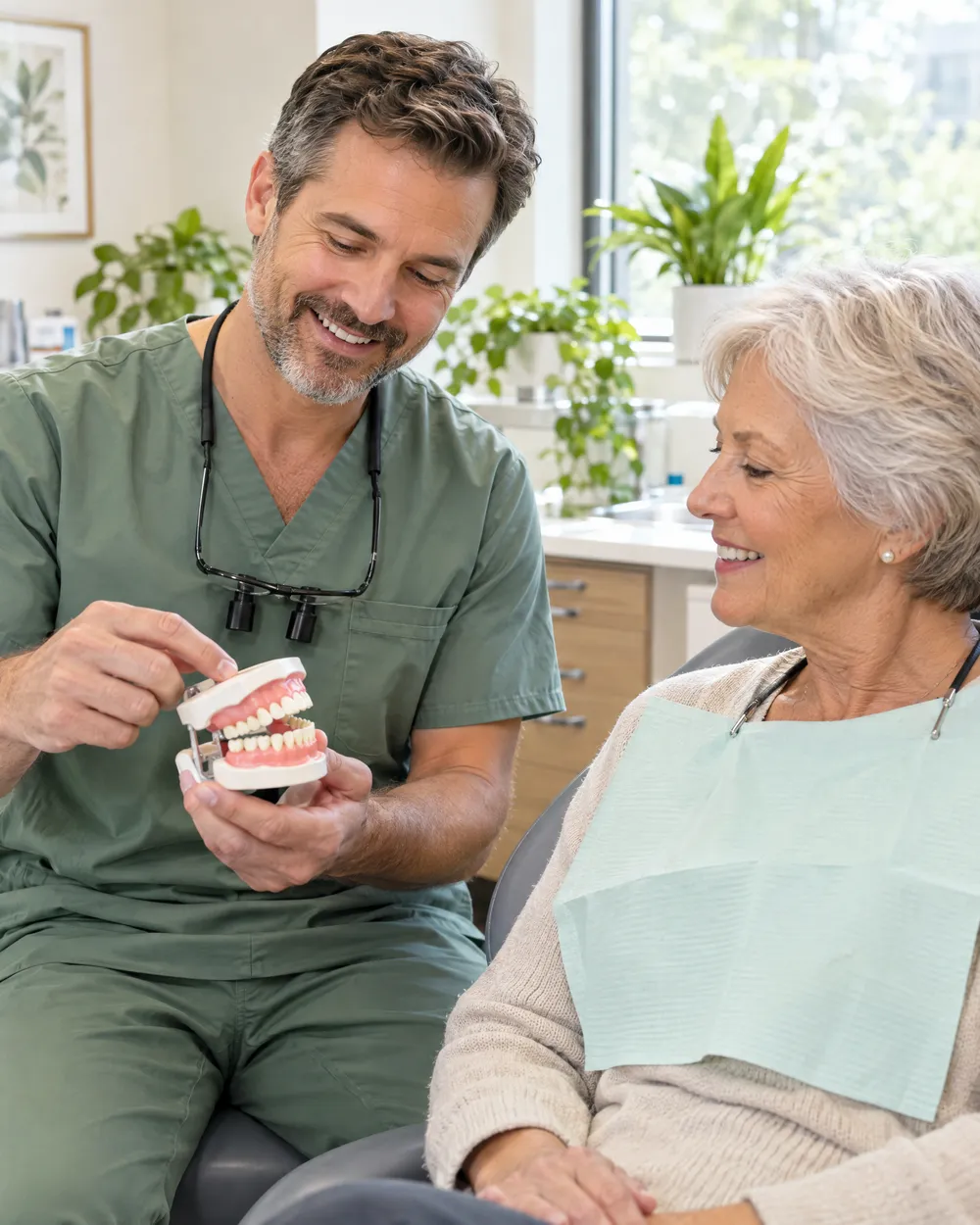 Dentista mostra um modelo de arcada para uma paciente idosa