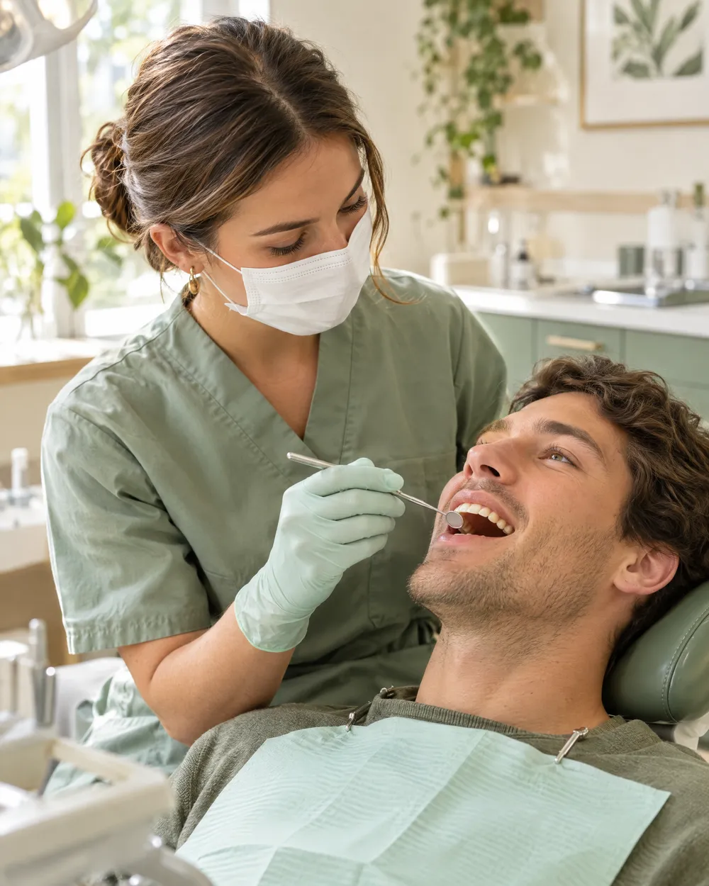Dentista examina paciente durante check-up de rotina