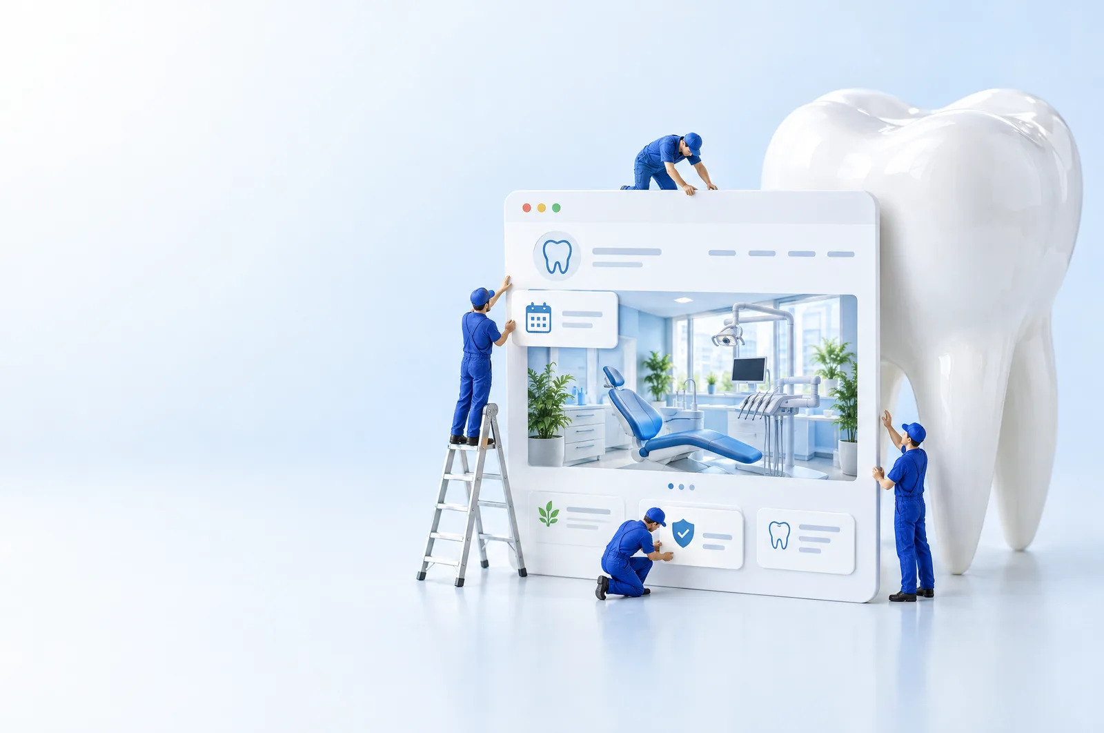 Miniaturas de profissionais montam a janela de um site de clínica odontológica ao lado de um grande dente de porcelana